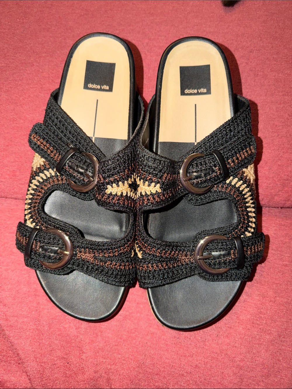 Dolce Vita Black & Brown Crochet Buckle Slide Sandals